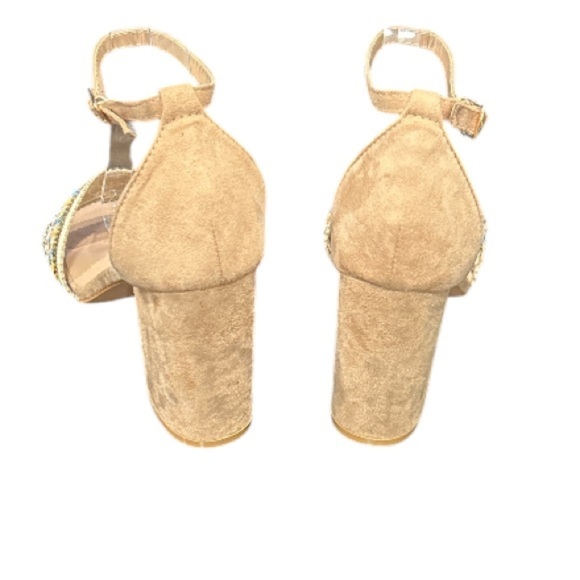 Yoki Tan Suede High Heel Beaded & Embroidered‎ Block Wrap Sandal EUC, Size 7.5 - Picture 3 of 7